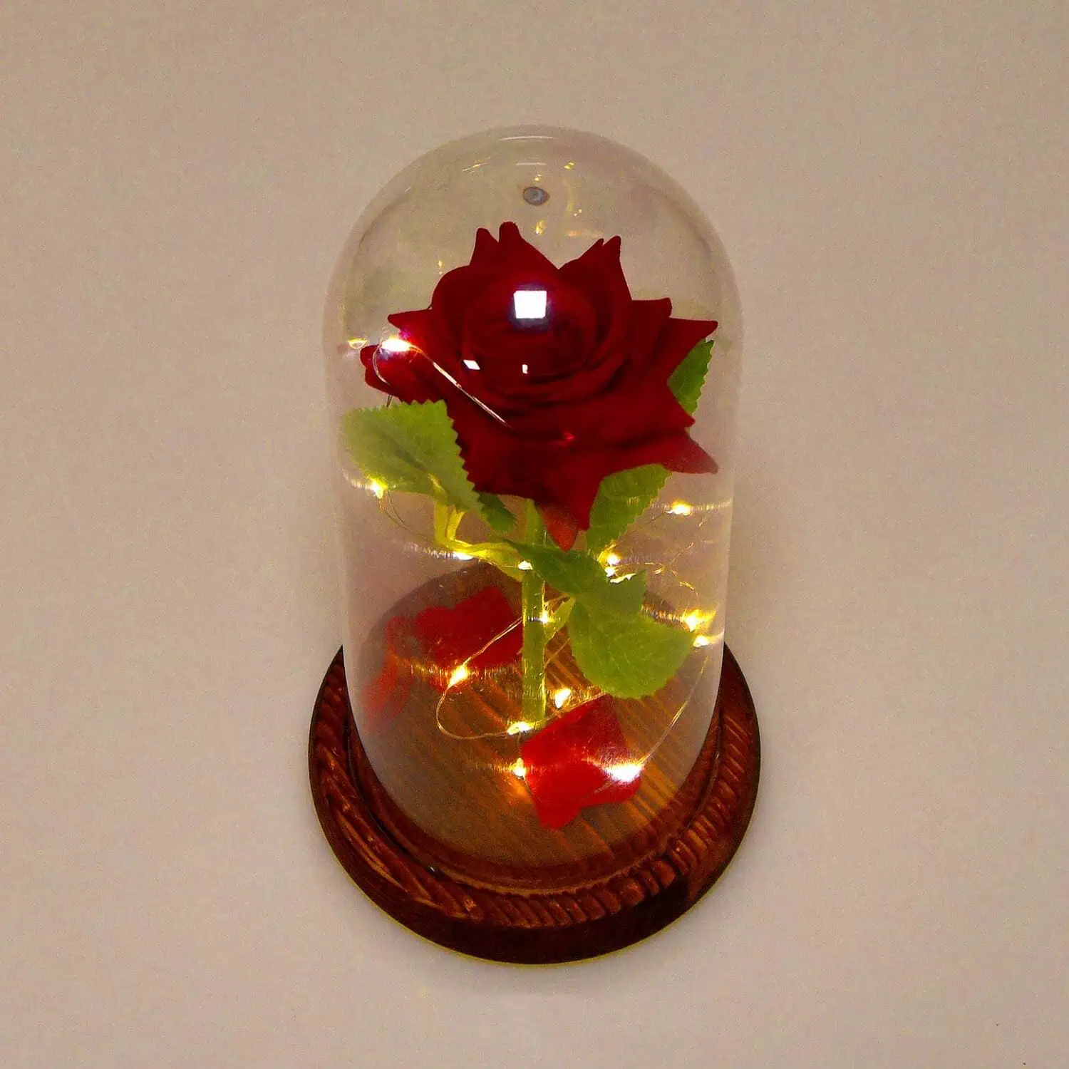 Campana Decorativa con Rosa e 20 MicroLED Caldi Accesi su Sfondo Chiaro