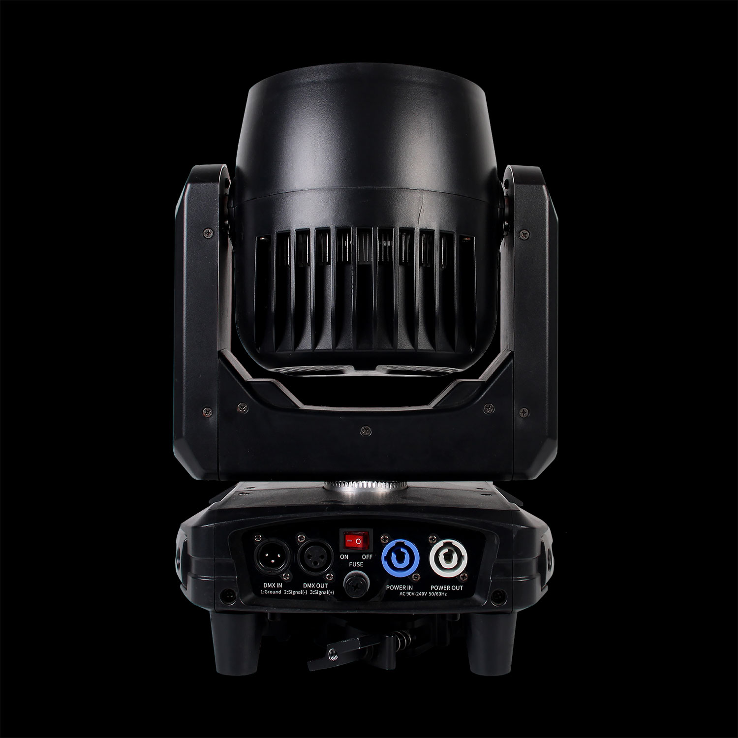 Testa Mobile 7x40W Bee Eye RGBW con Ring Retro in Prospettiva Frontale su Sfondo Nero