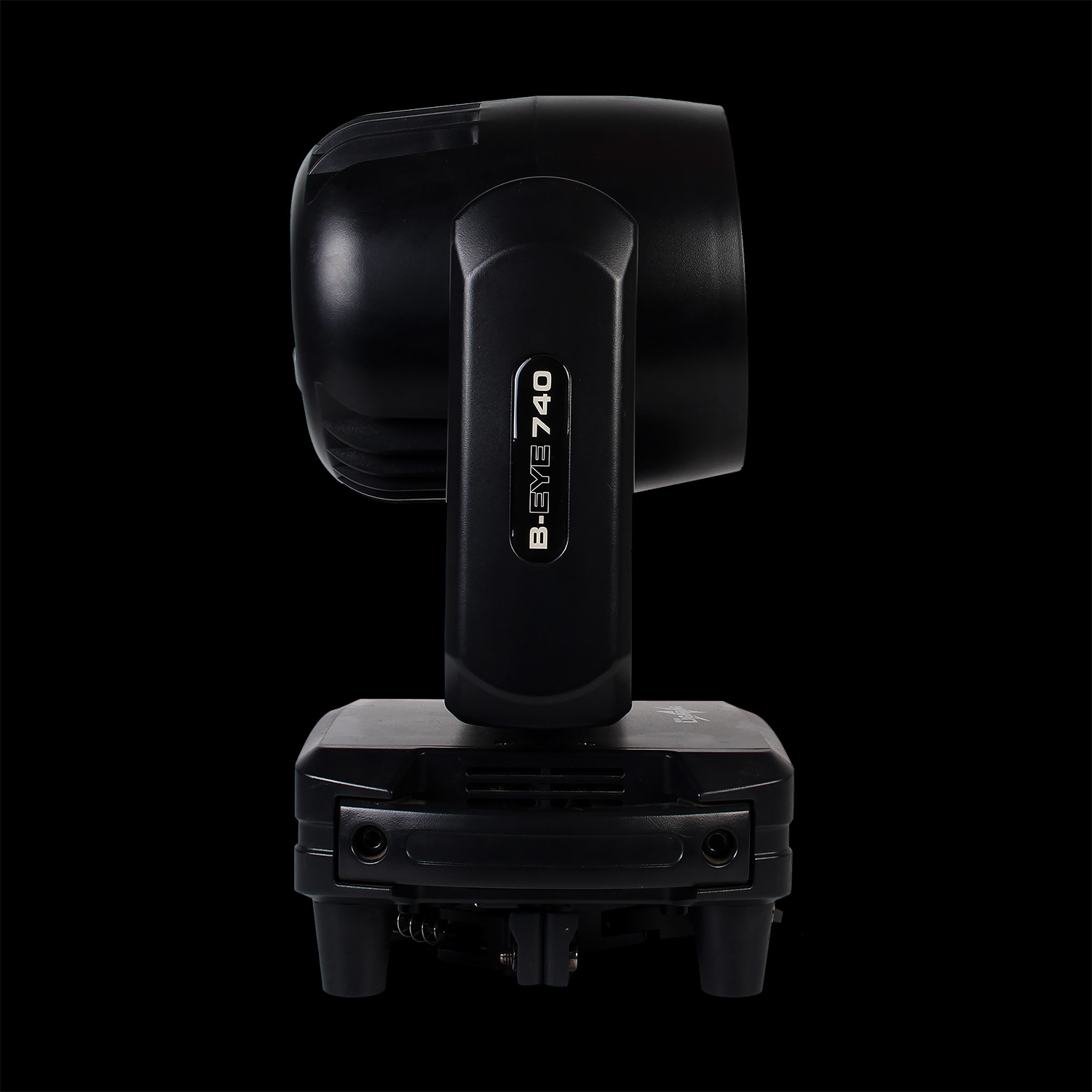 Testa Mobile Bee Eye 7x40W RGBW in Prospettiva Laterale su Sfondo Nero